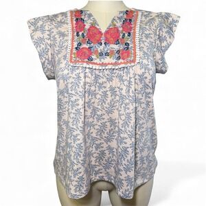 THML Embroidered Floral Blouse Women's Size L Pink Blue Short Sleeve V Neck